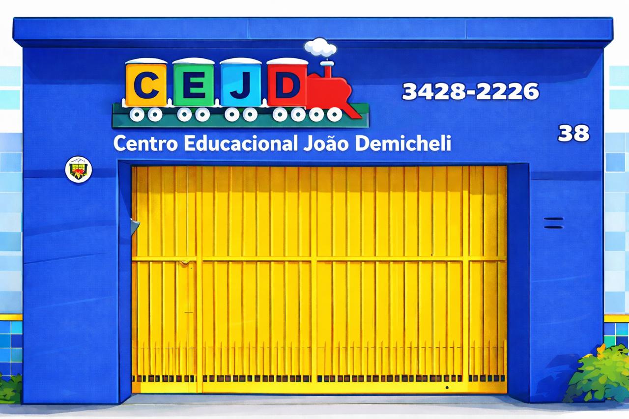 Fachada da escola com portao amarelo e detalhes em azul